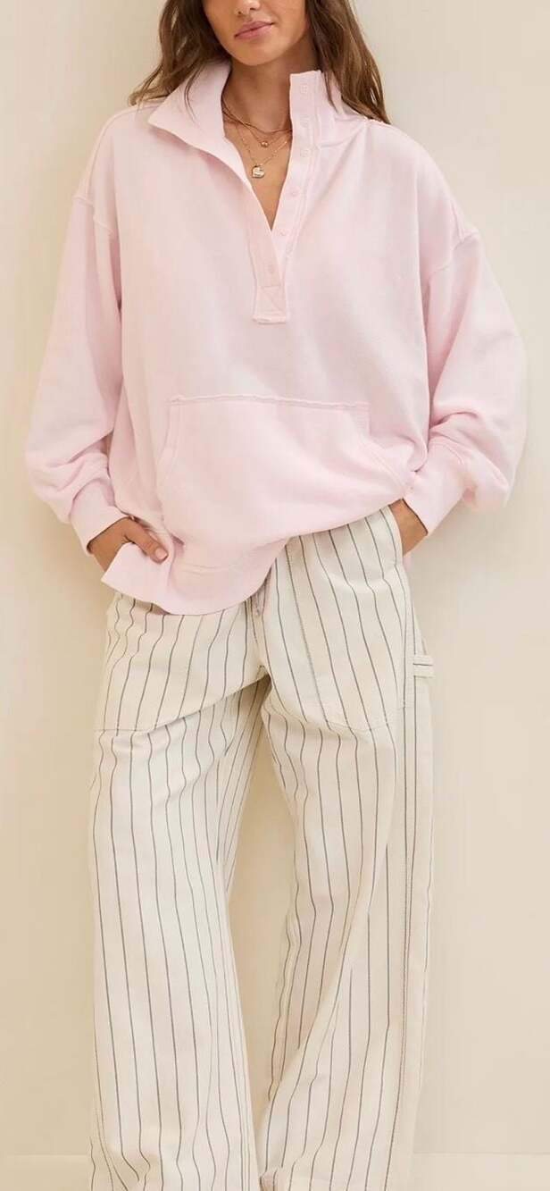 Aerie Vintage Syle Popover Polo Sweatshirt Pink Oversized Size M Comfy